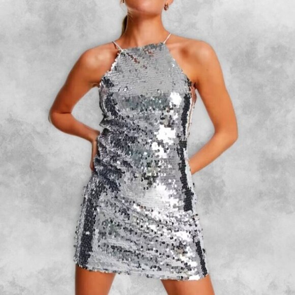 NWOT Stradivarius Silver Sequin Swiftie Metallic Spacecore Prom Mini Dress S - Picture 1 of 12